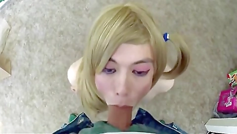 Amateur blonde shemale gets a deepthroat and fuck in POV