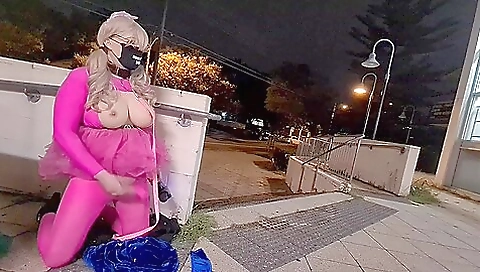 Amateur blonde girl in pink lingerie fucks in public