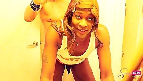 Ebony shemale gets her ass and mouth pounded by a man