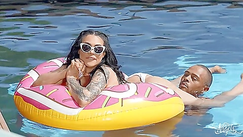 Teen in sexy red stockings is in a hot outdoor scene