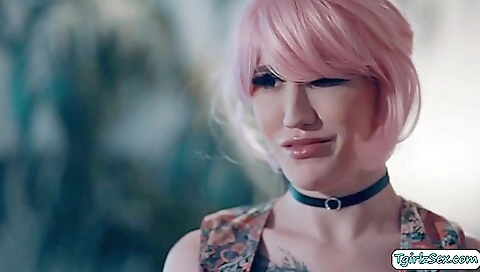 Tattooed babe and tranny takes and rides her man's dick