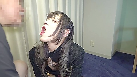 Japanese girl with tattoo gives blowjob and a handjob